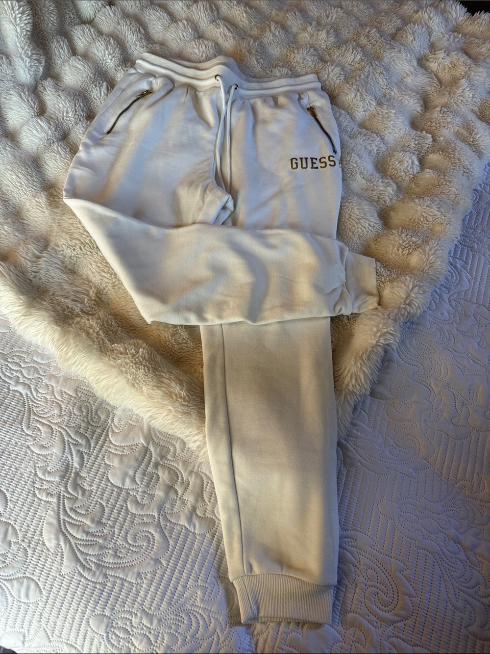 GUESS Cream Jogger Sweatpants with Gold Logo